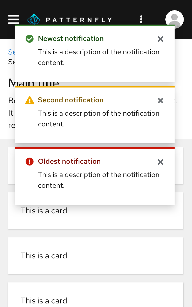 An example of a centered alert group over a mobile view.