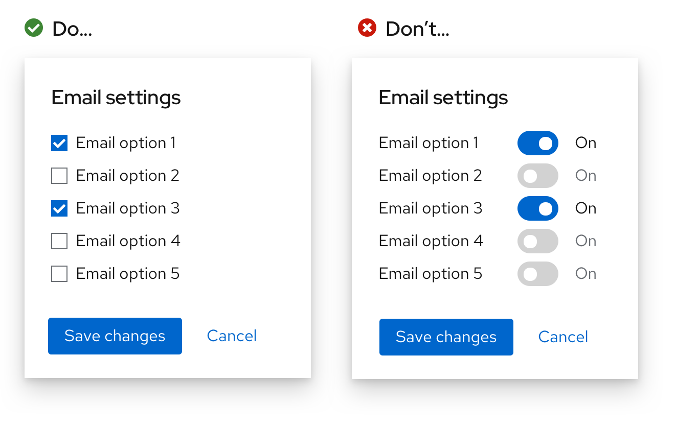 Example 1 of do and don'ts for checkbox vs switch usee 