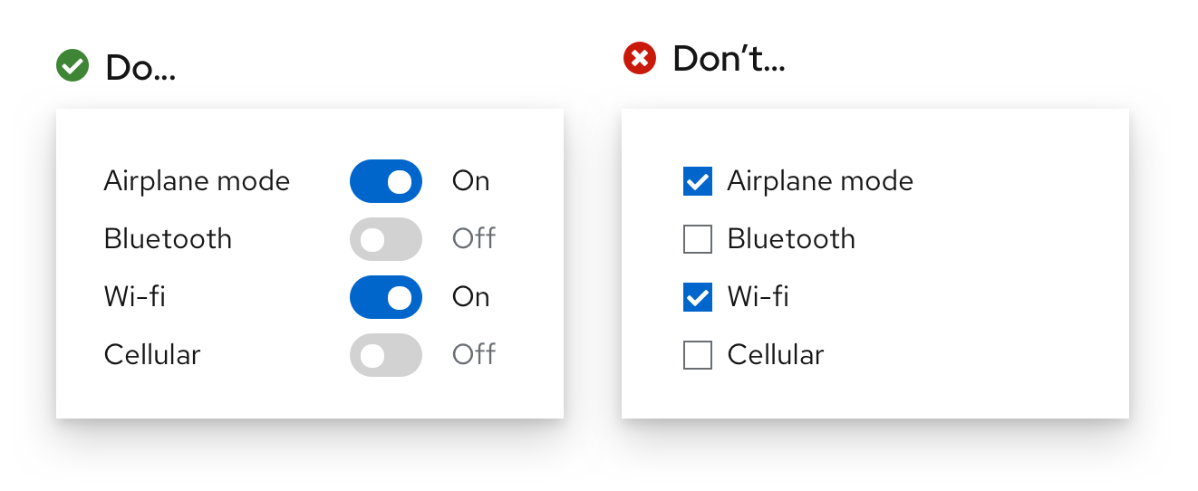 Example 2 of do and don'ts for checkbox vs switch usee 