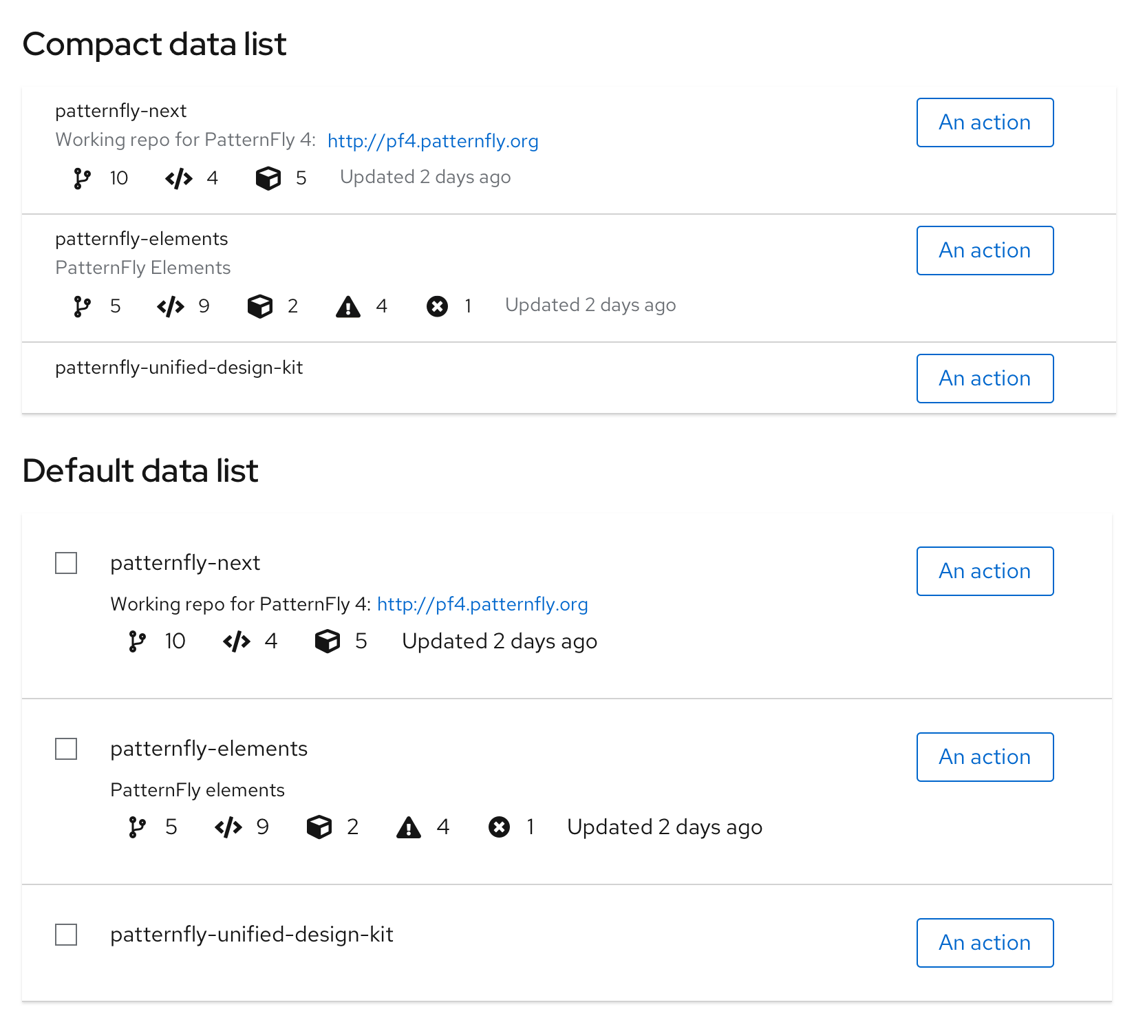 Compact and default data list