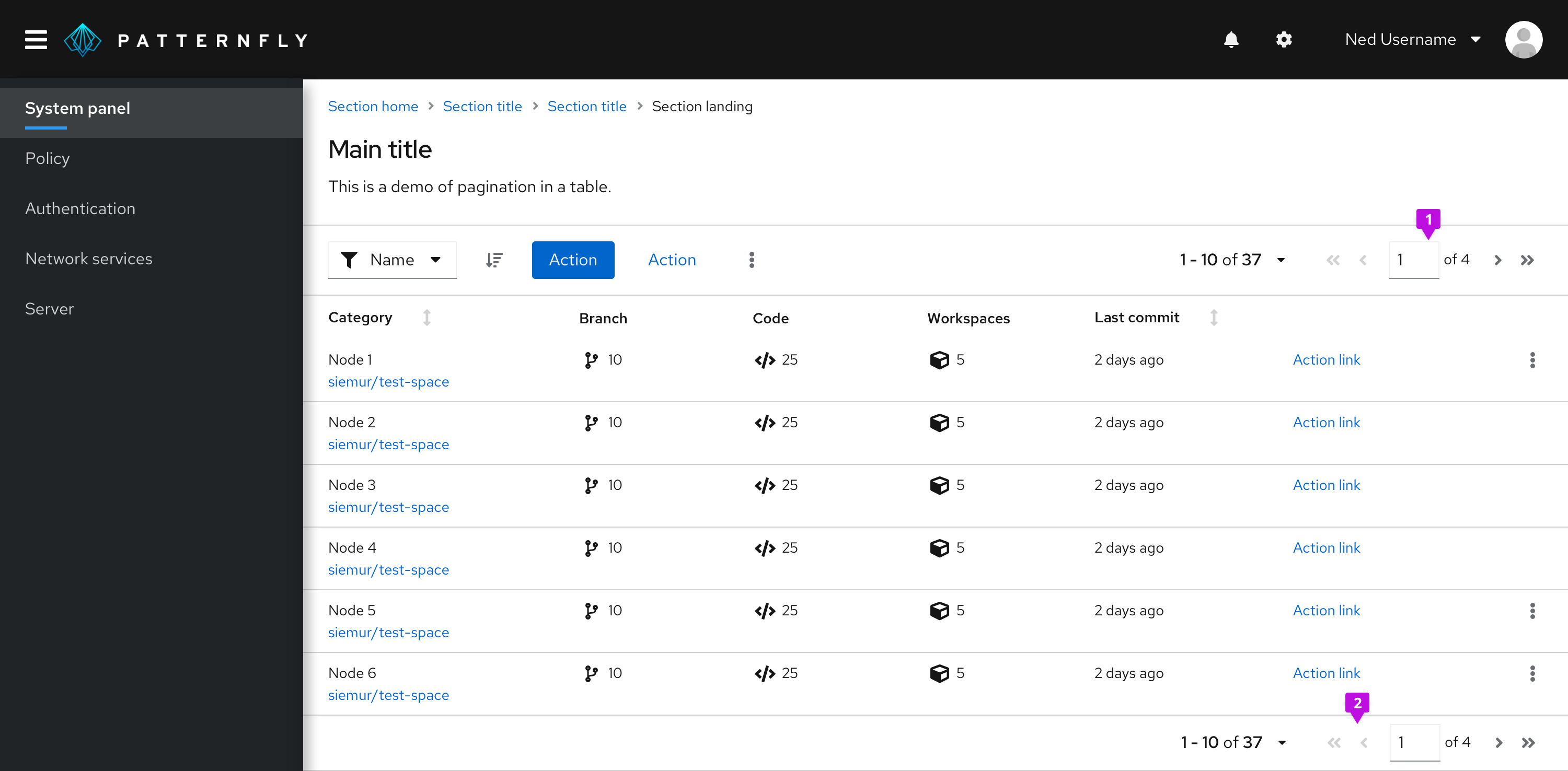 Example of pagination on full page table