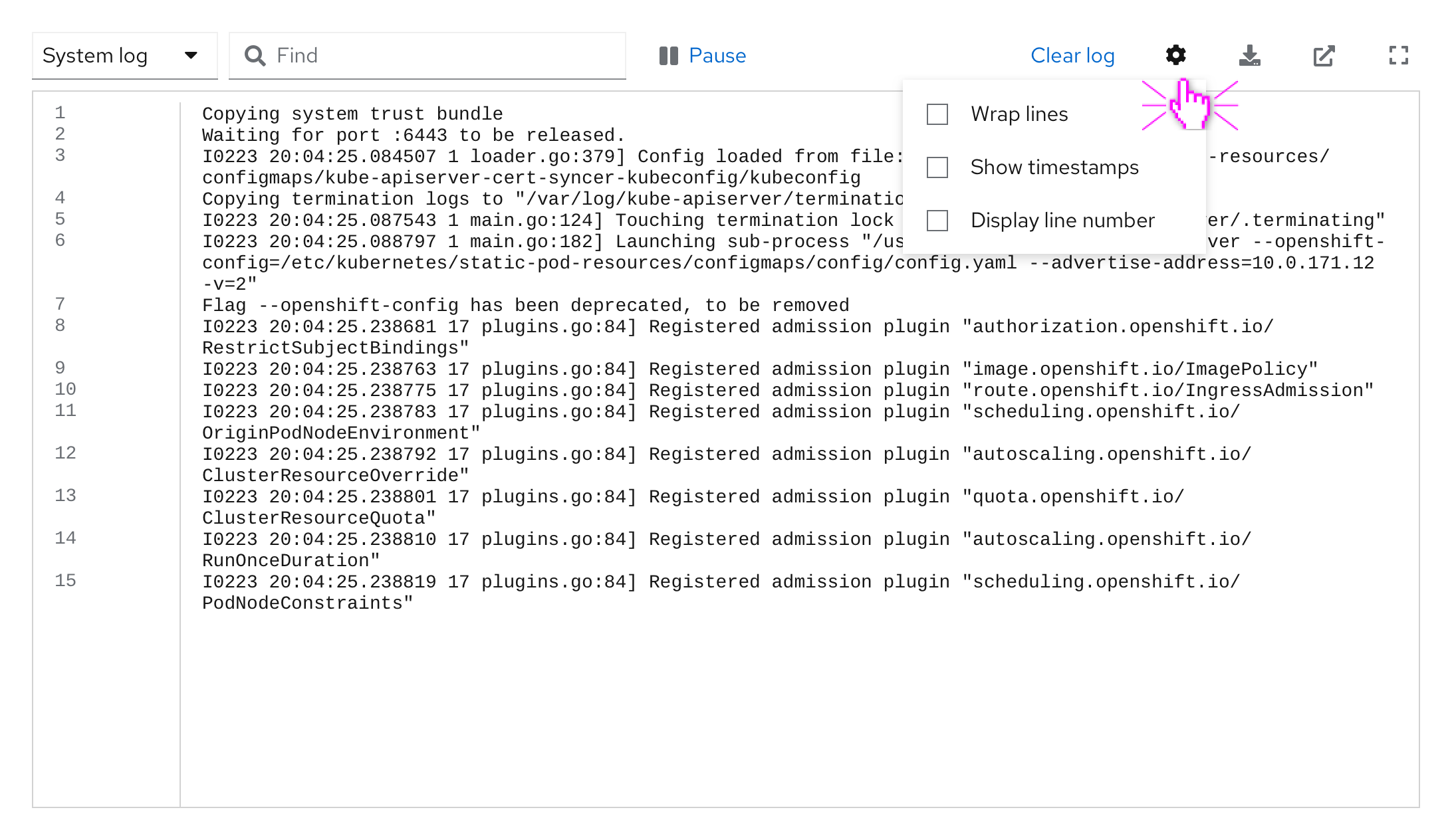 Cog options open on a Log viewer