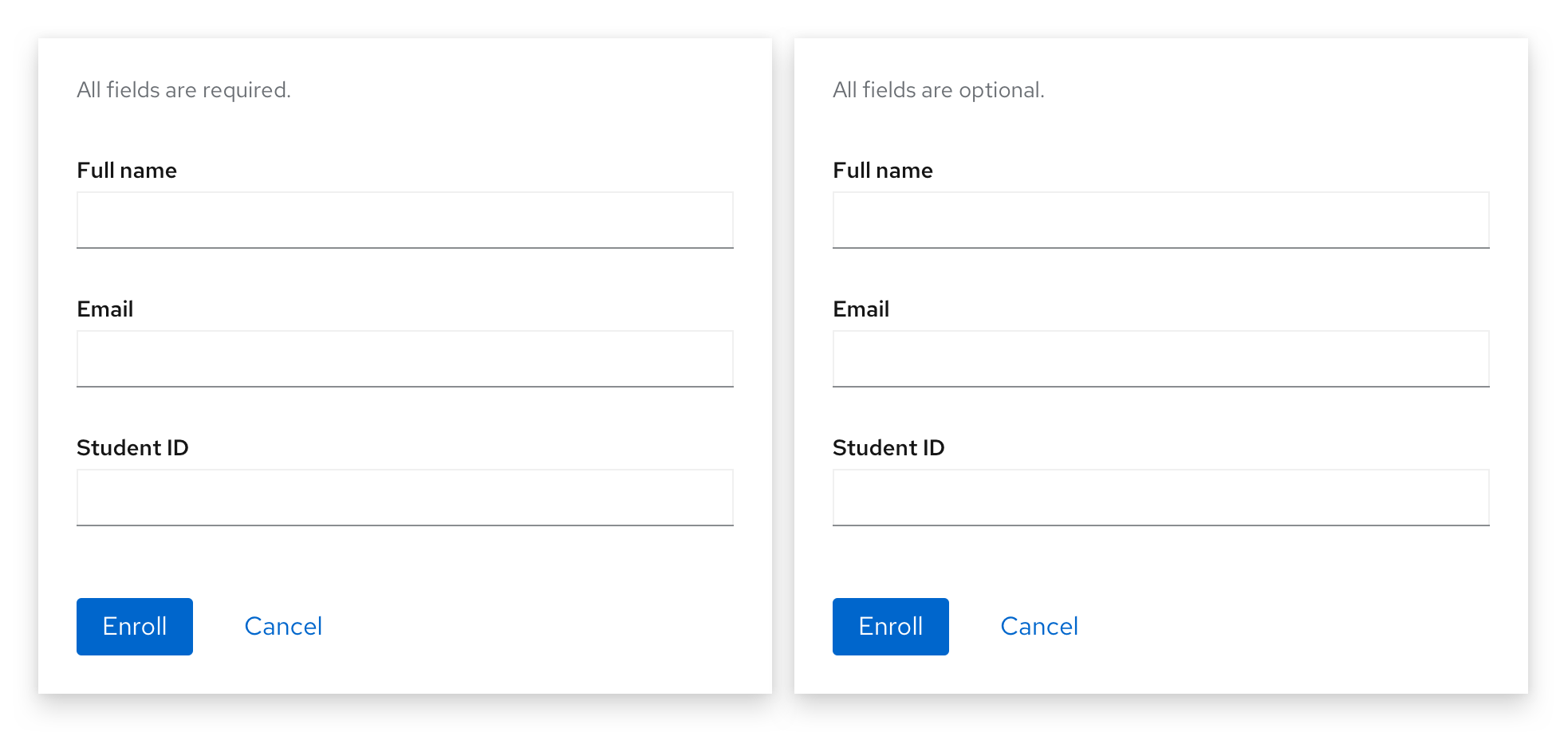 Example of two forms with an indication at the top of whether all fields are required or all fields are optional