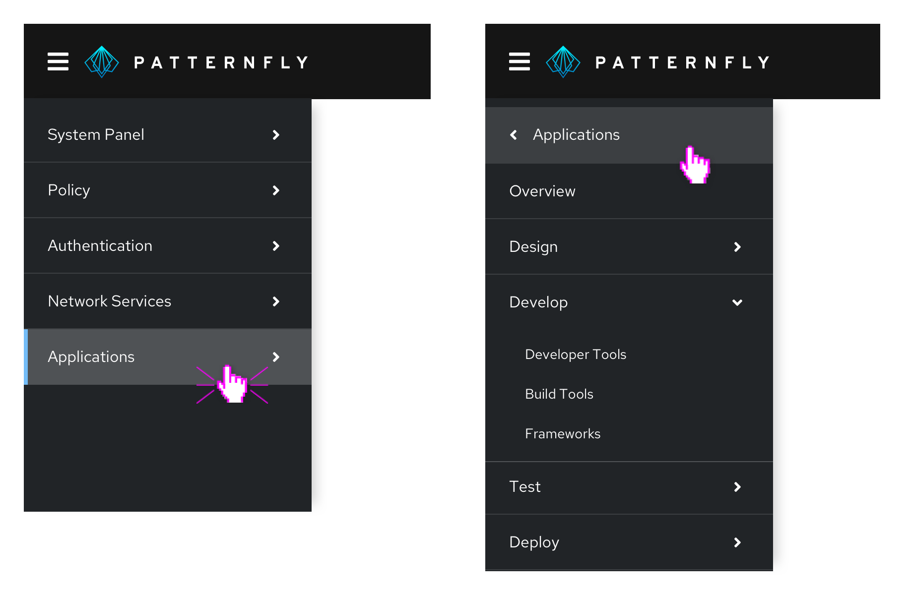 Example of composable navigation with drill-down and expansion menus