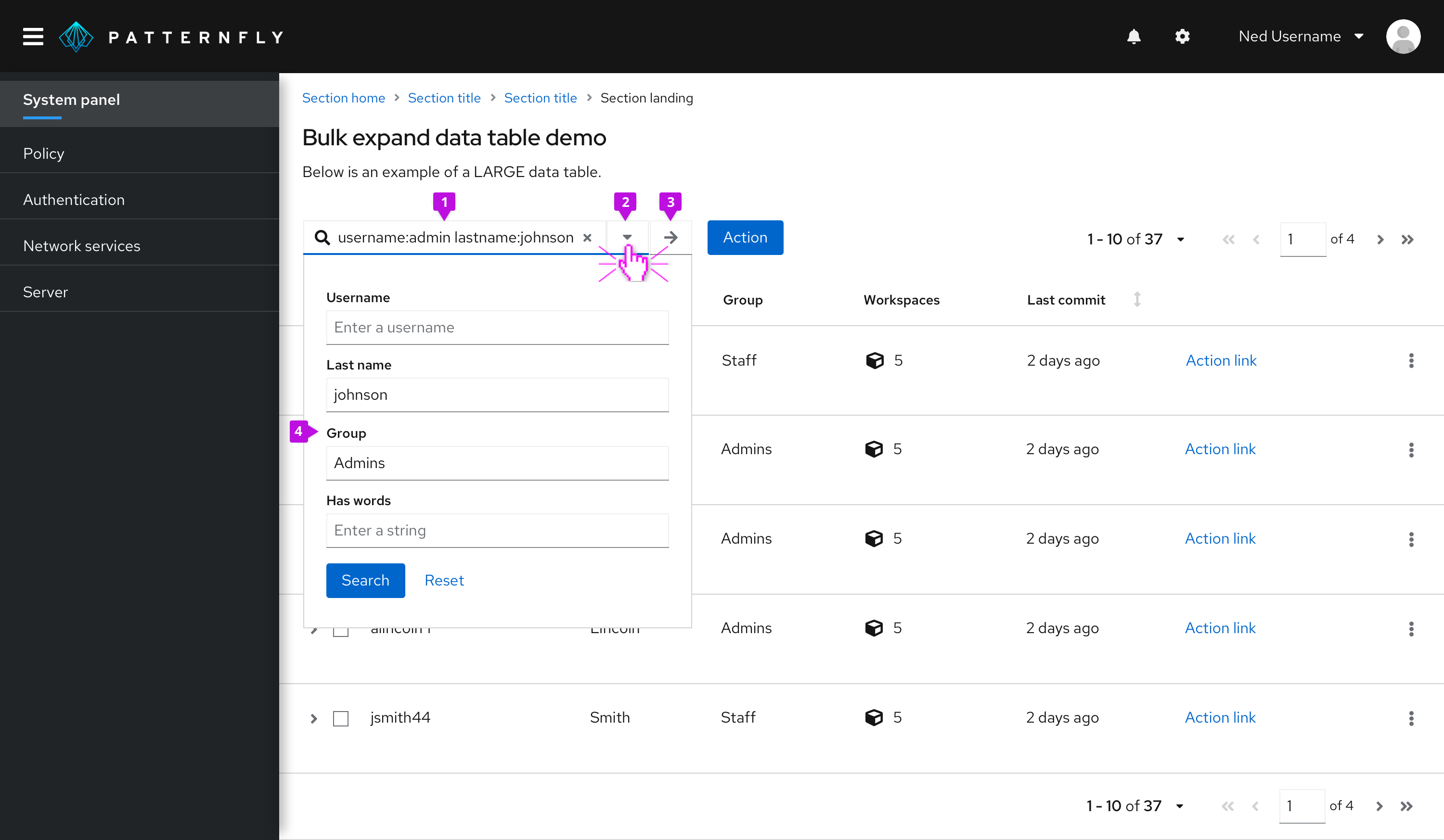 Search input with active navigation in a basic table