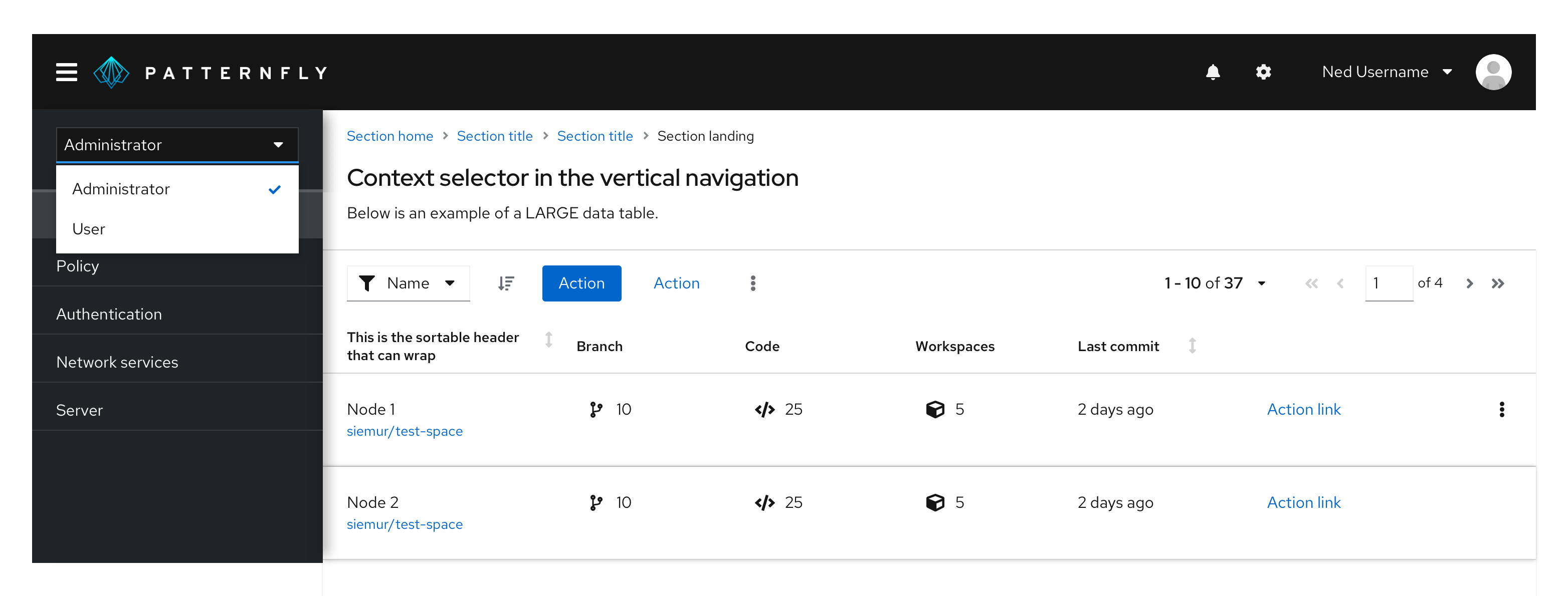 Example of a context selector with navigation level impact, placed at the top of the navigation