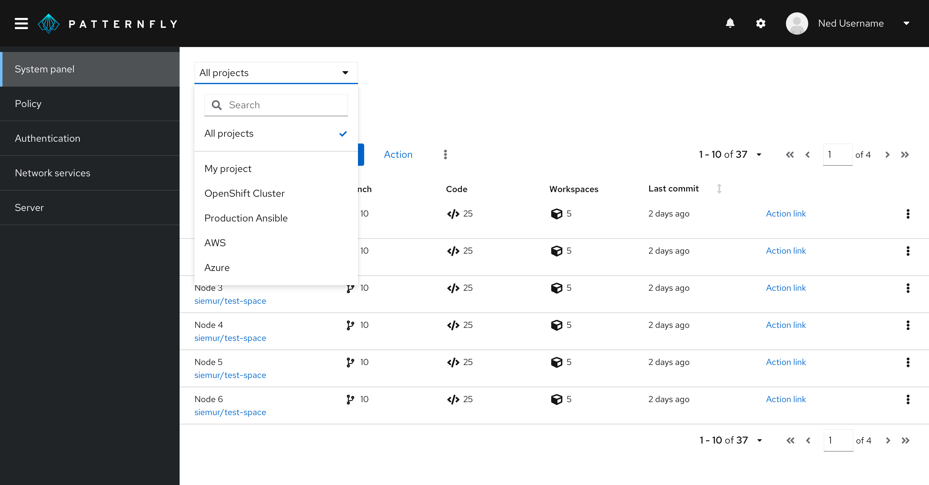 Example of a context selector with page impact, placed at the top of a page