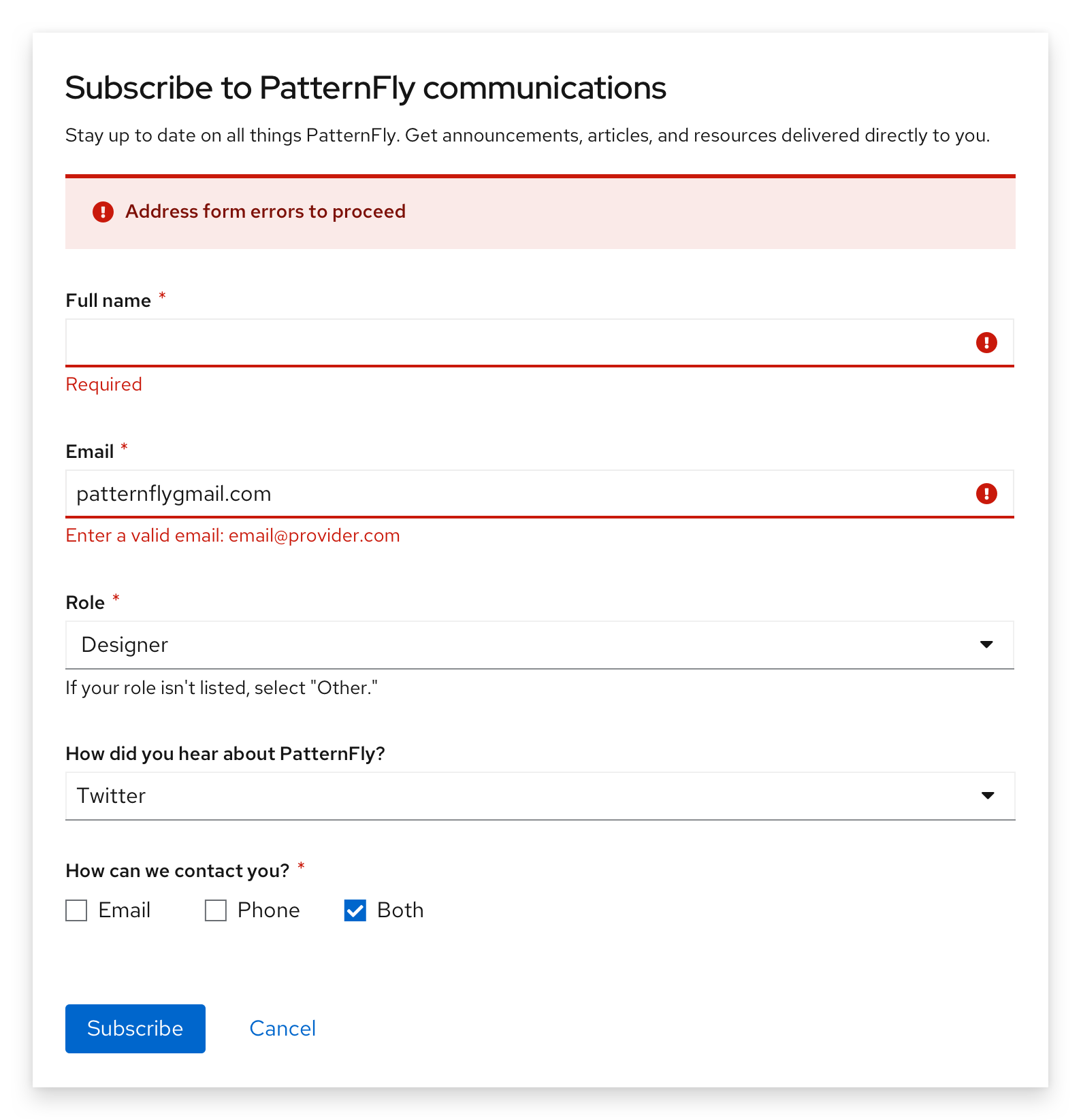 Example of errors after validation on submission, including an inline alert at the top, and field level errors