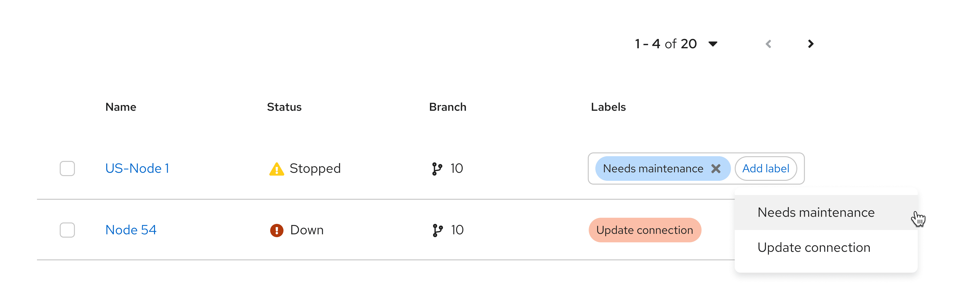 Dropdown menu of label options when trying to add a new label to a group.