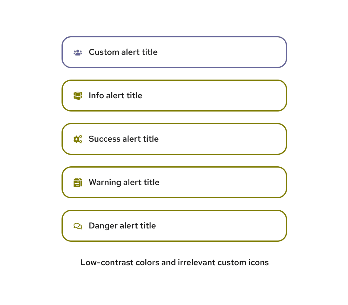 A set of alert components displayed with red-green color blindness emulated. These alert components are not clear or distinguishable, because they use poor color contrast and irrelevant icons.