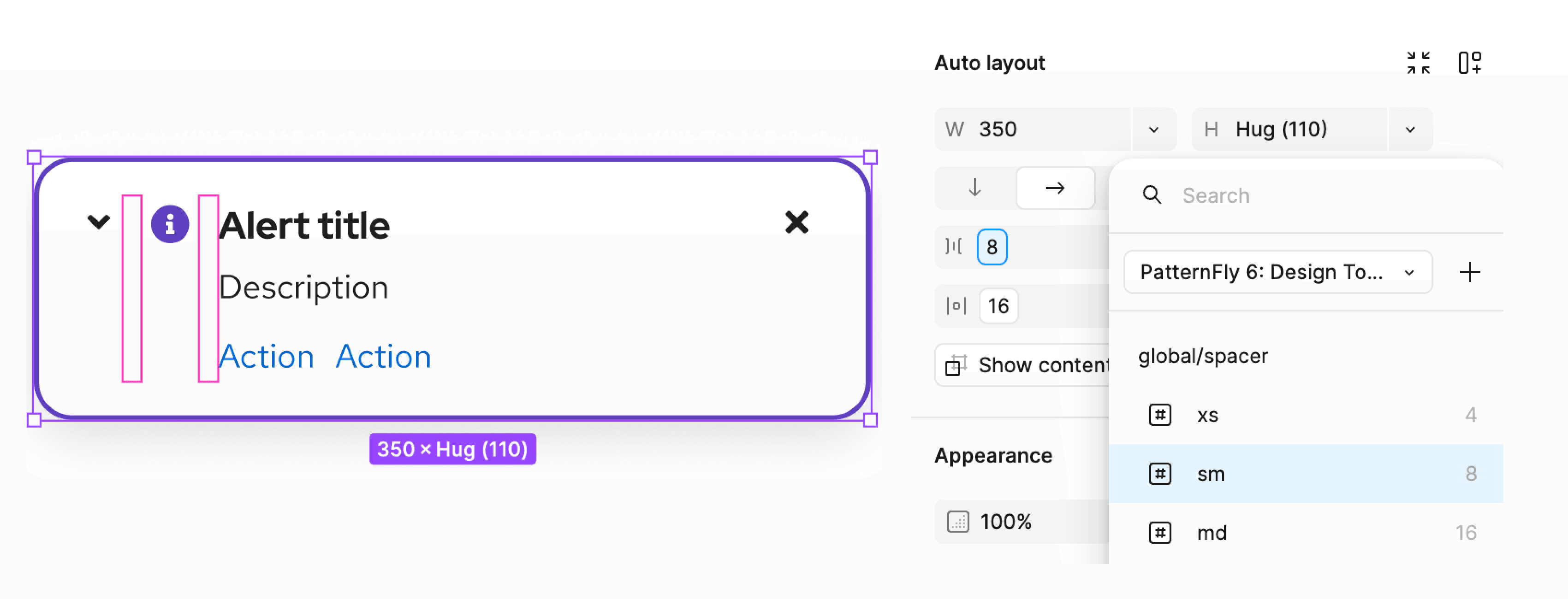 Spacer tokens displayed as options in a Figma layout menu