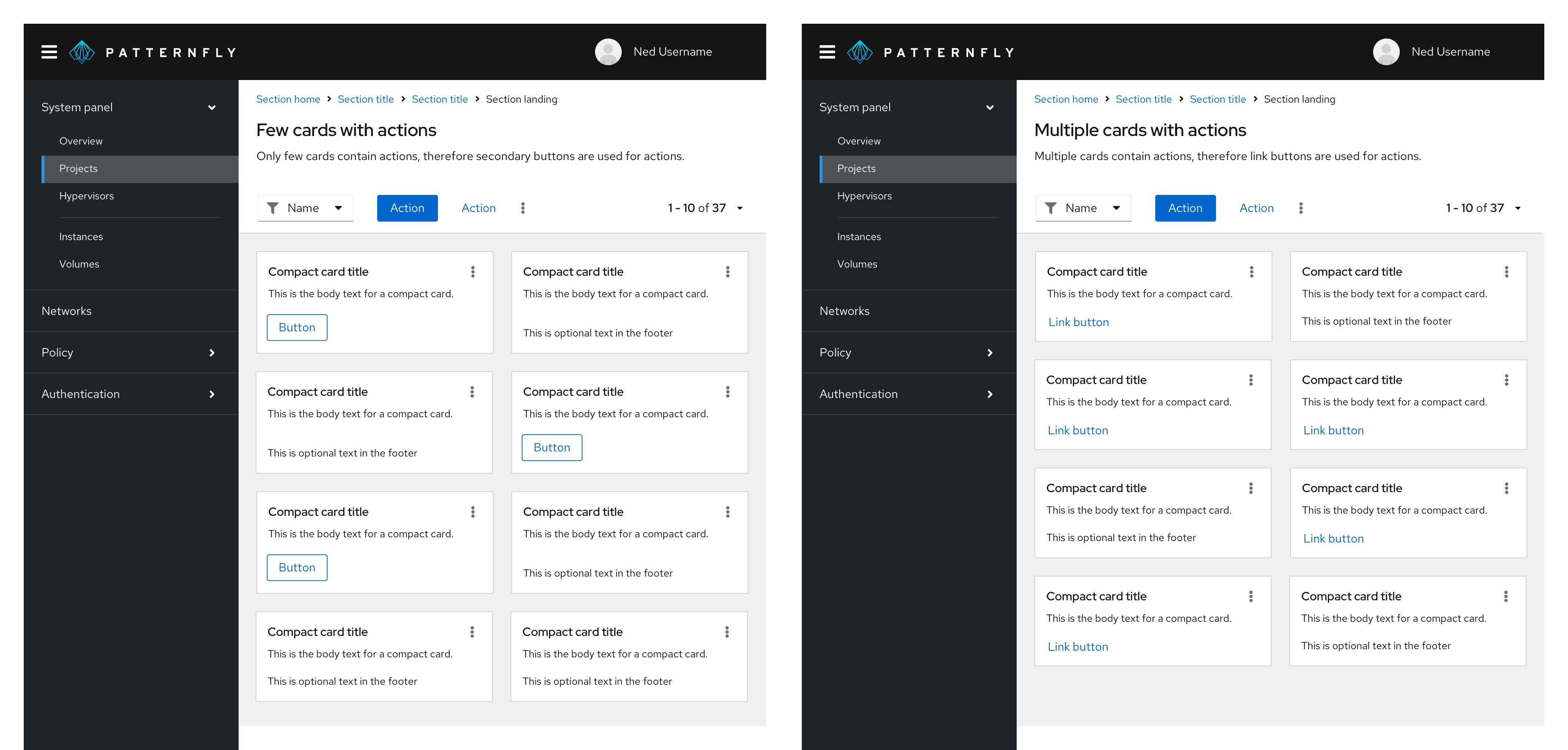 example of few cards with inline actions