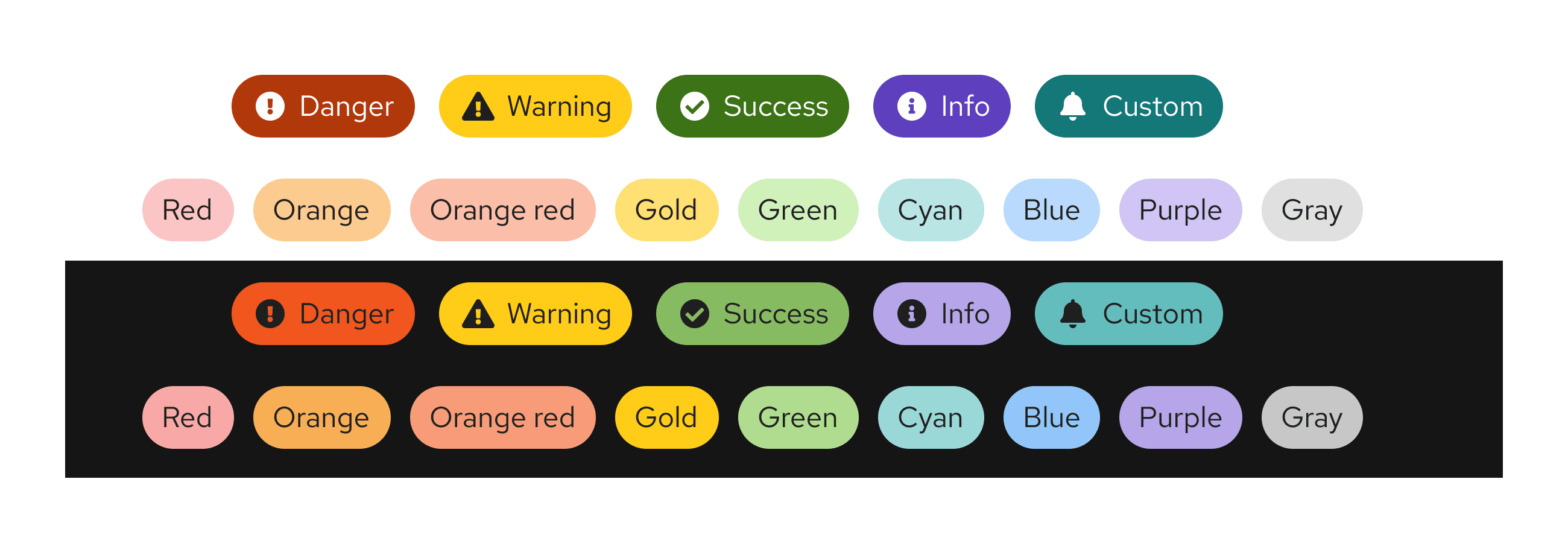 All color options for filled labels for light and dark themes.