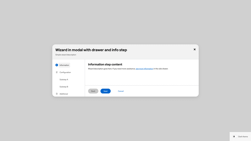 In modal, with drawer and informational step screenshot