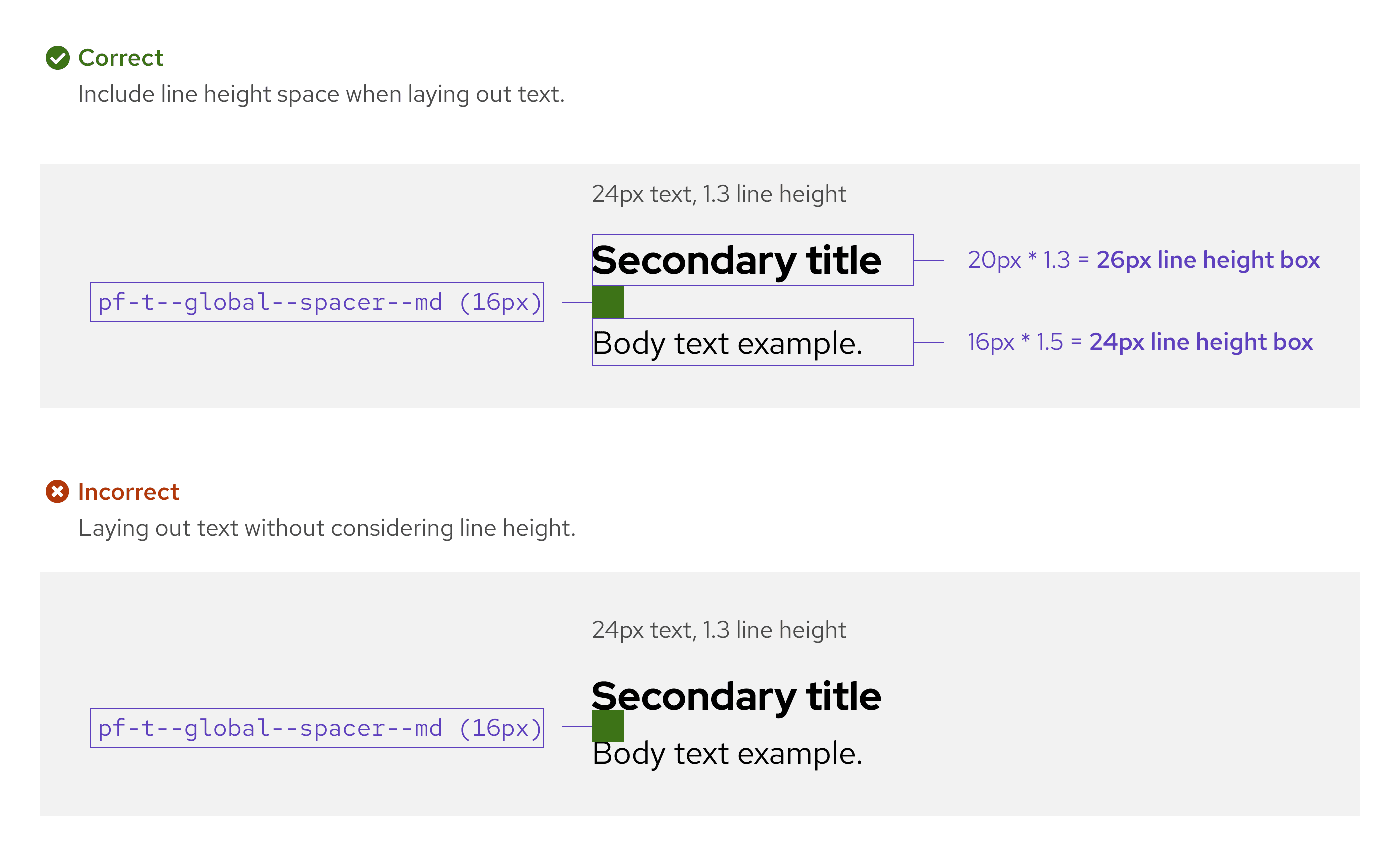 Correct and incorrect text spacing examples.