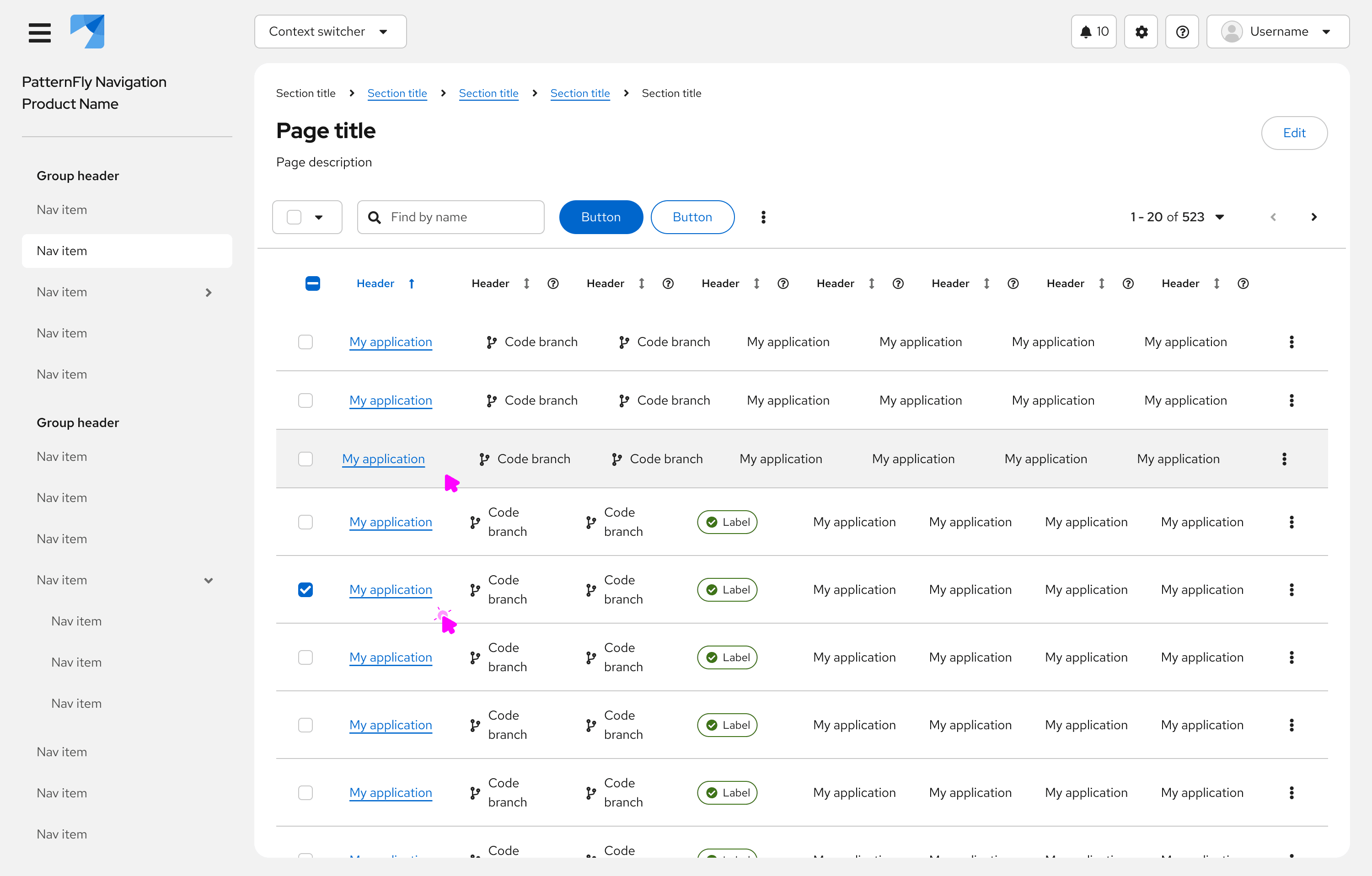 Example of link buttons in a table