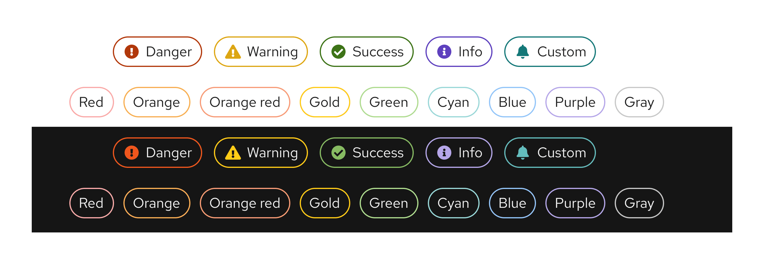 All color options for unfilled label styles for light and dark themes.