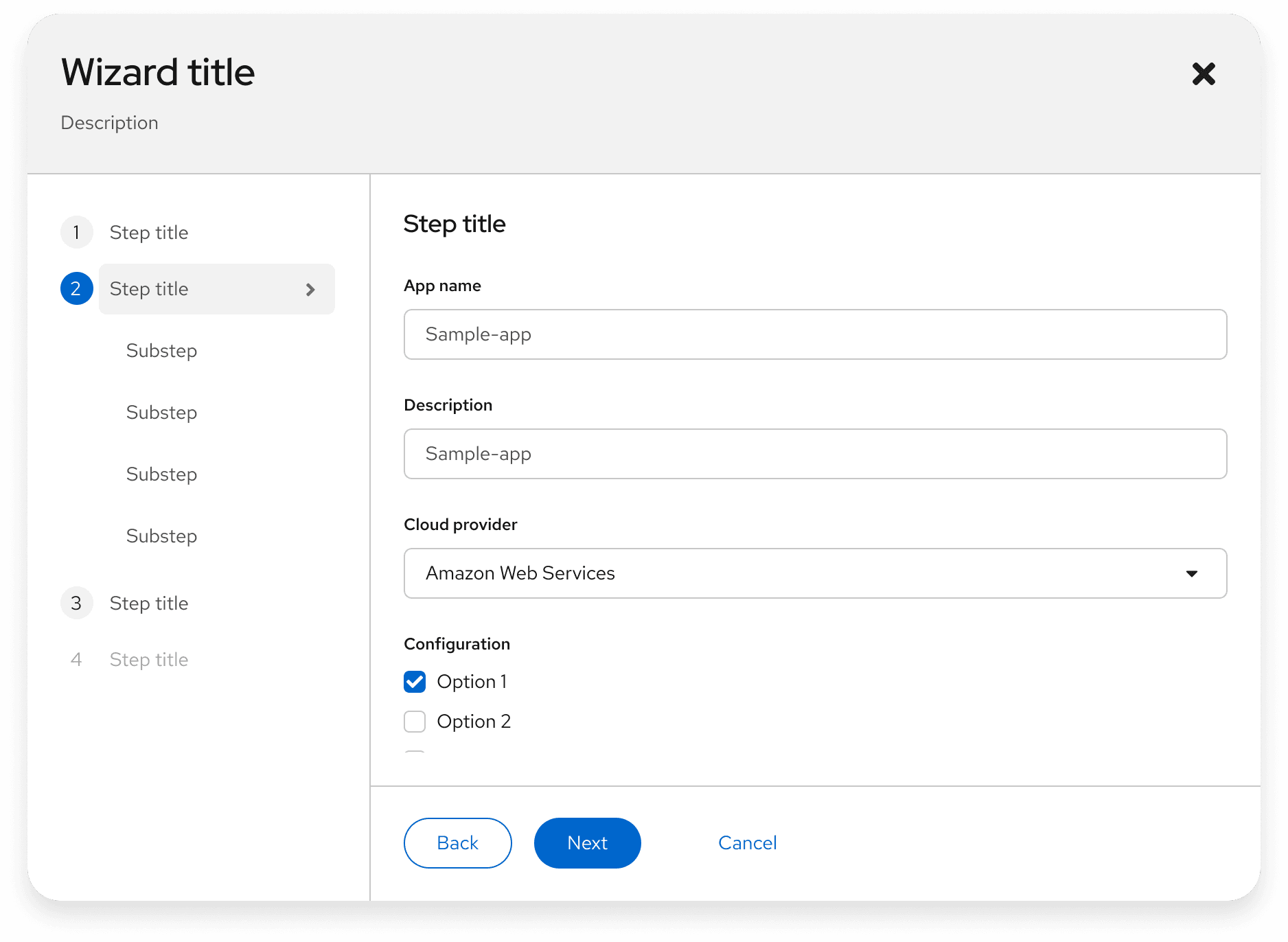 Example of buttons in a wizard